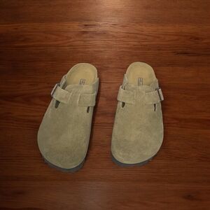Birkenstock Boston Taupe Suede Mules - Narrow Fit